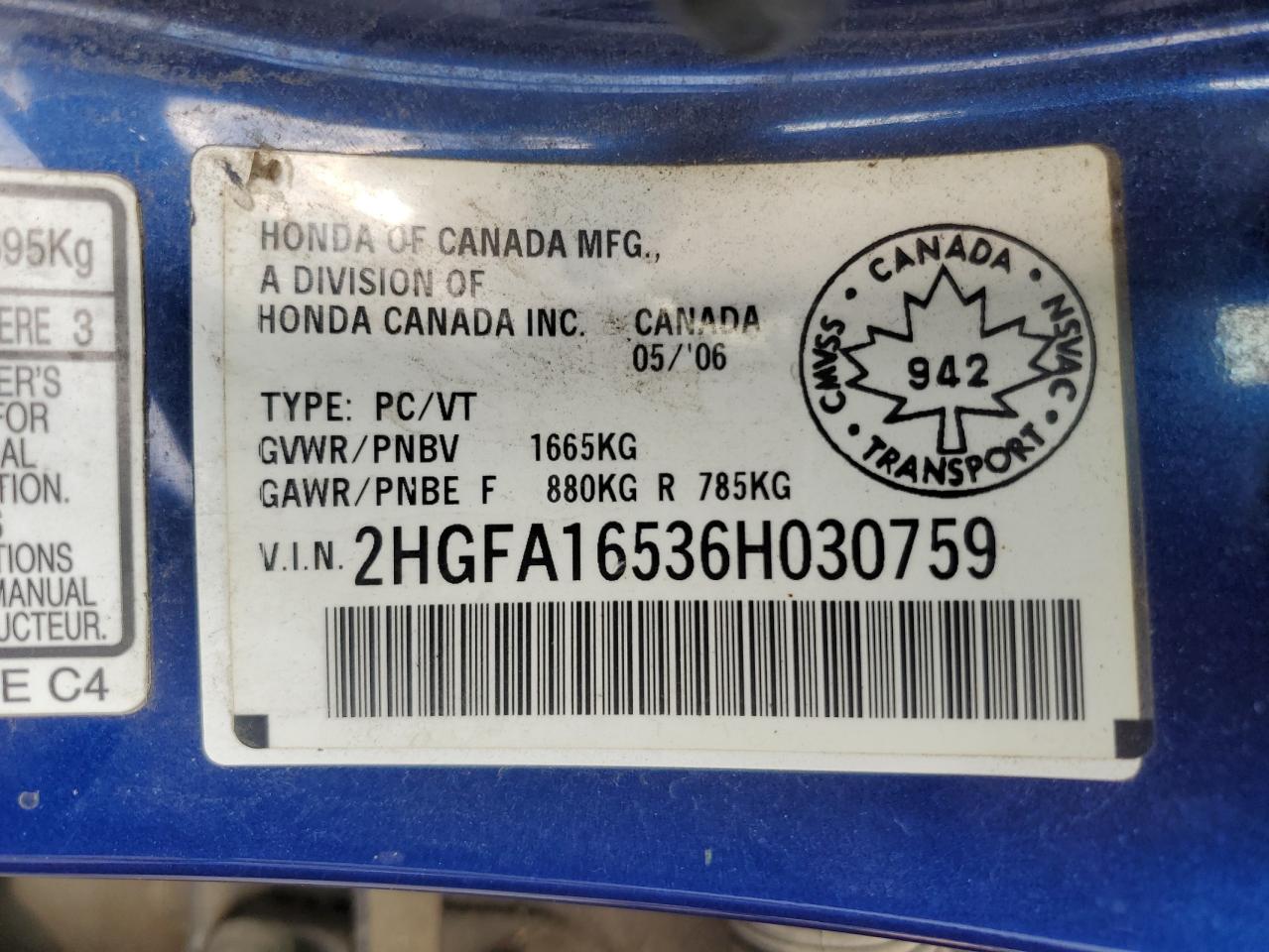 2HGFA16536H030759 2006 Honda Civic Lx