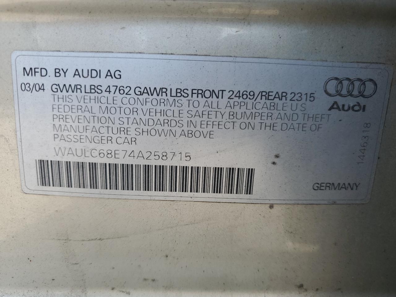 2004 Audi A4 1.8T Quattro VIN: WAULC68E74A258715 Lot: 65325814