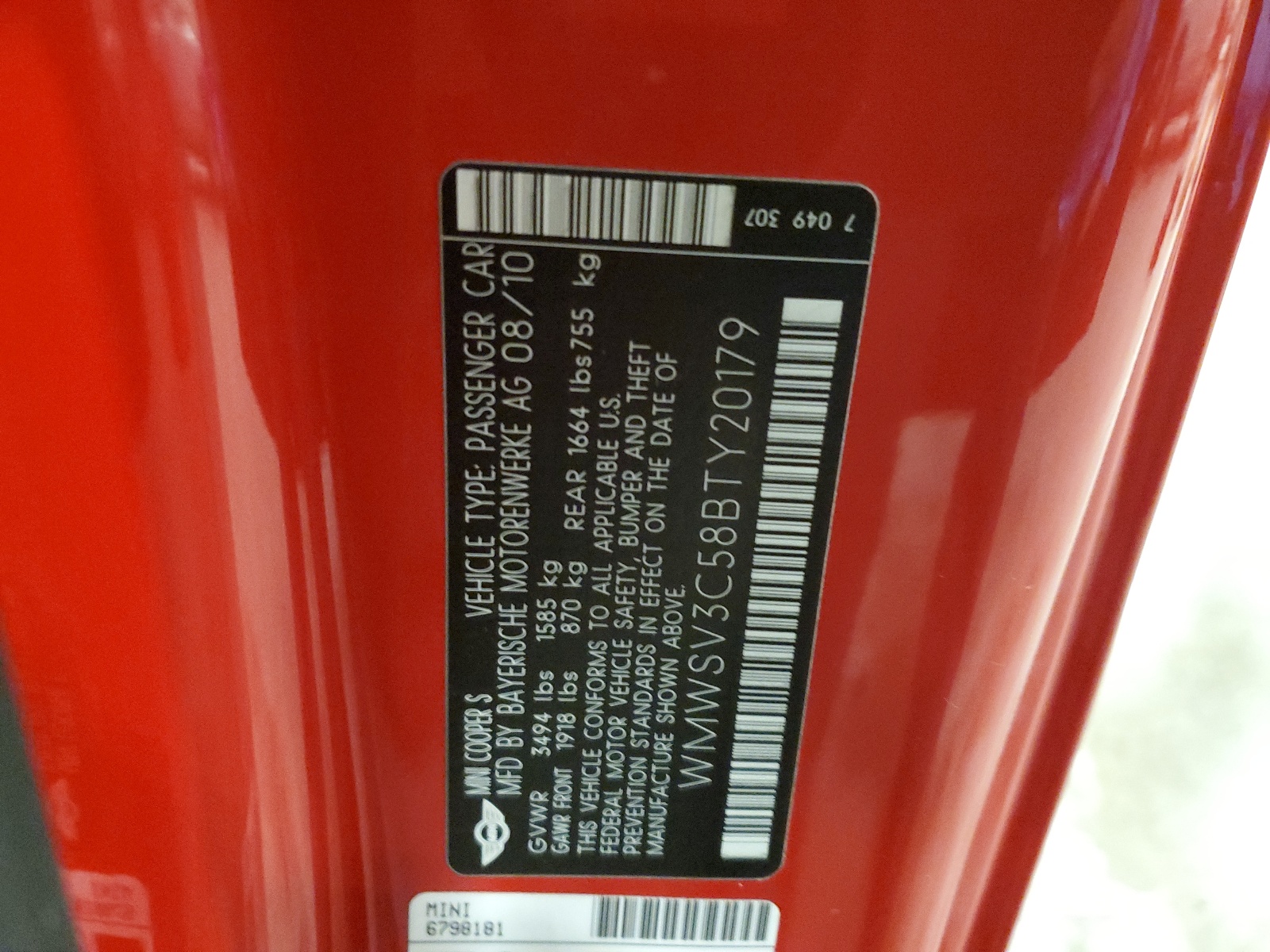 WMWSV3C58BTY20179 2011 Mini Cooper S
