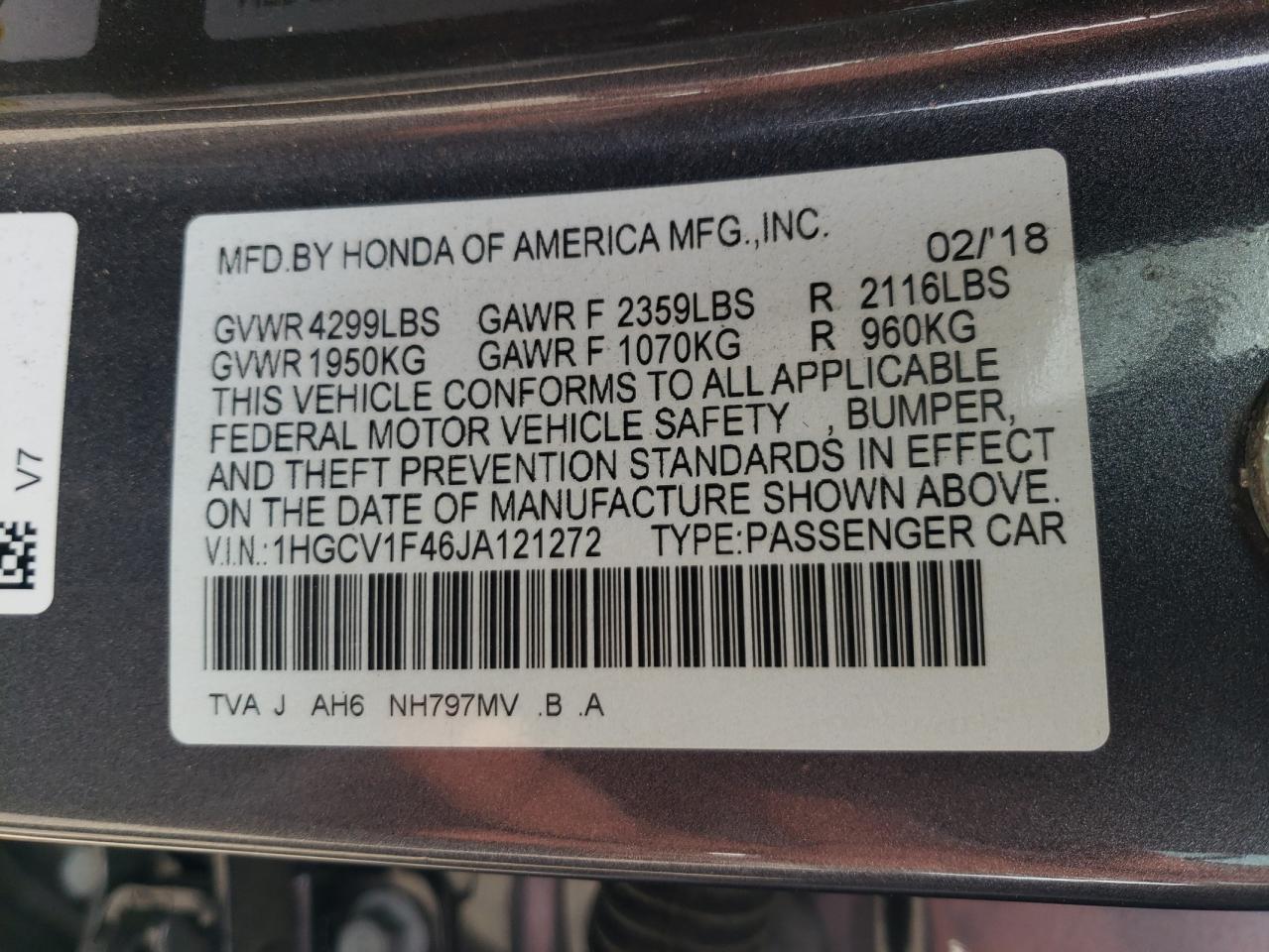 1HGCV1F46JA121272 2018 Honda Accord Ex