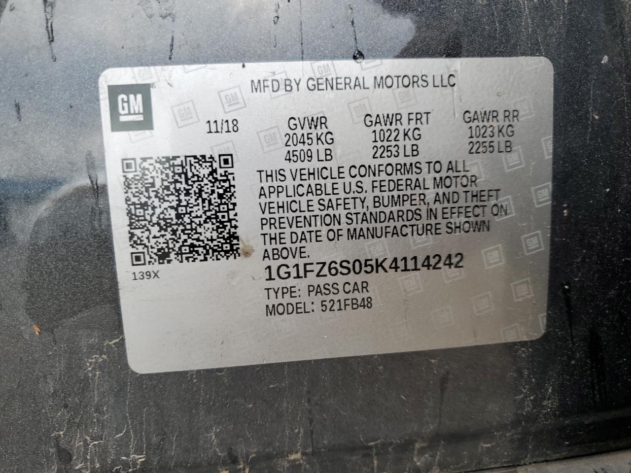 2019 Chevrolet Bolt Ev Premier VIN: 1G1FZ6S05K4114242 Lot: 69123494