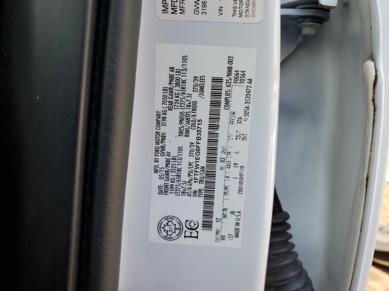 2015 Ford F150 Supercrew VIN: 1FTFW1EG9FFB35715 Lot: 69636114