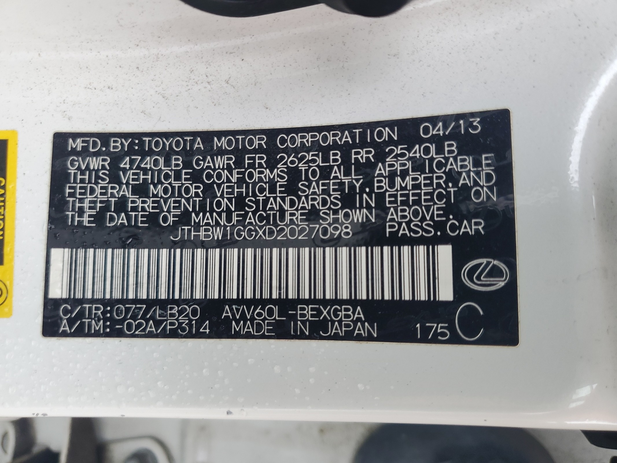 JTHBW1GGXD2027098 2013 Lexus Es 300H