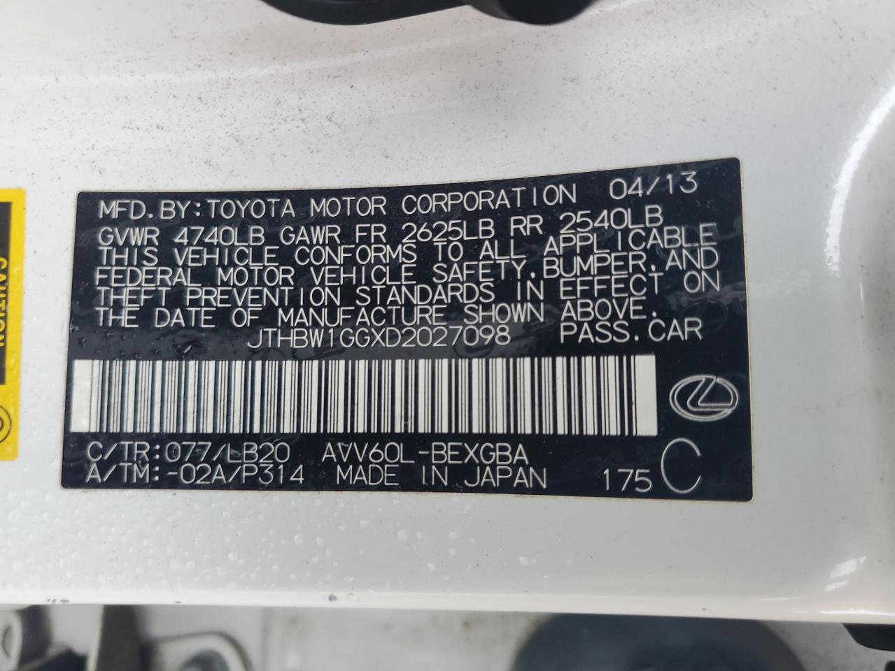 2013 Lexus Es 300H VIN: JTHBW1GGXD2027098 Lot: 66181364