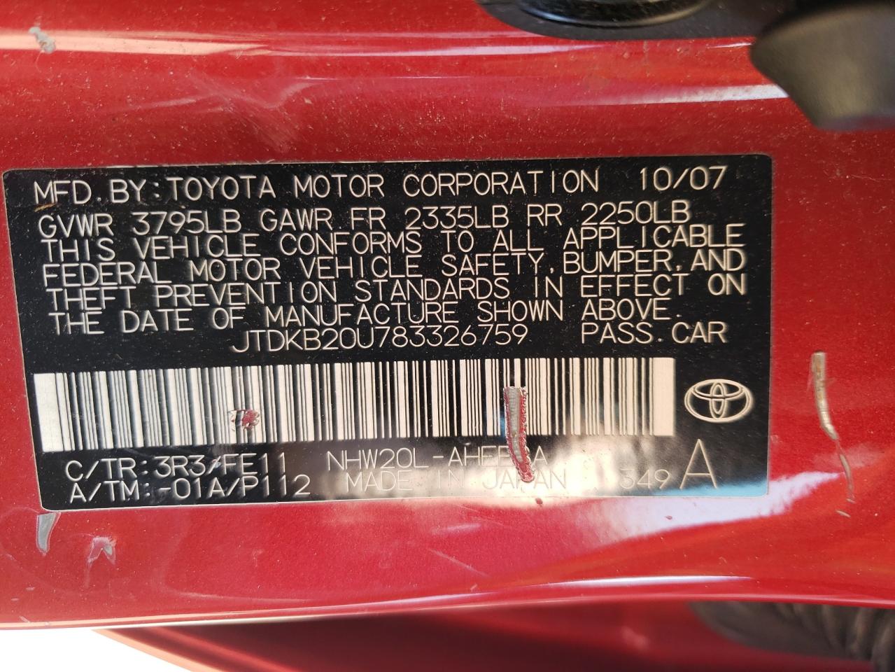 2008 Toyota Prius VIN: JTDKB20U783326759 Lot: 66391994