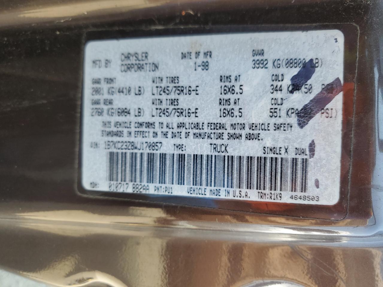 1998 Dodge Ram 2500 VIN: 1B7KC23Z8WJ170857 Lot: 66584494