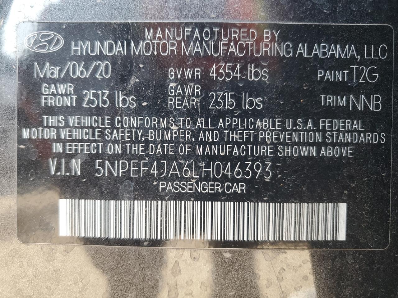 2020 Hyundai Sonata Sel VIN: 5NPEF4JA6LH046393 Lot: 65843644