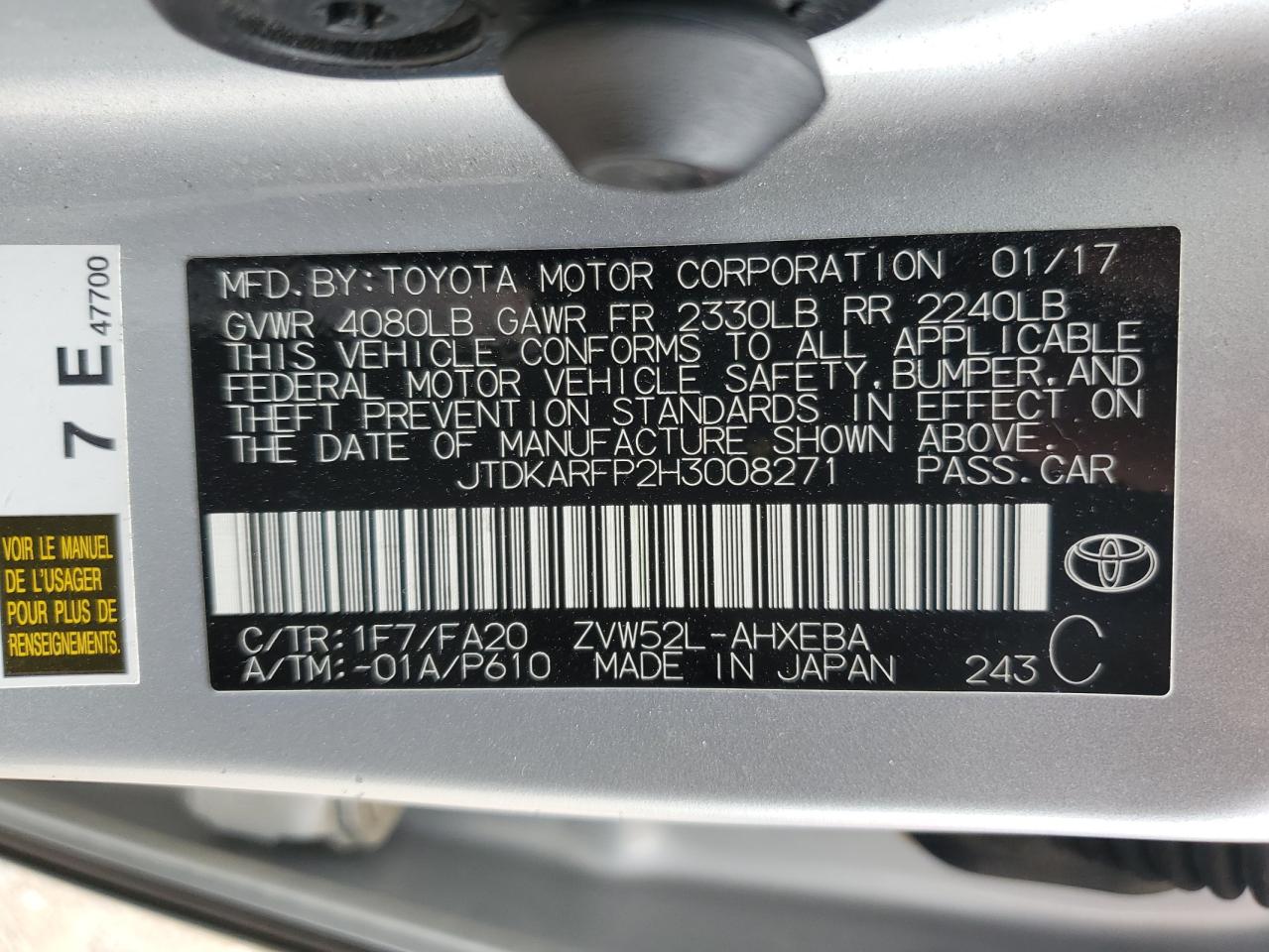 2017 Toyota Prius Prime VIN: JTDKARFP2H3008271 Lot: 66811504