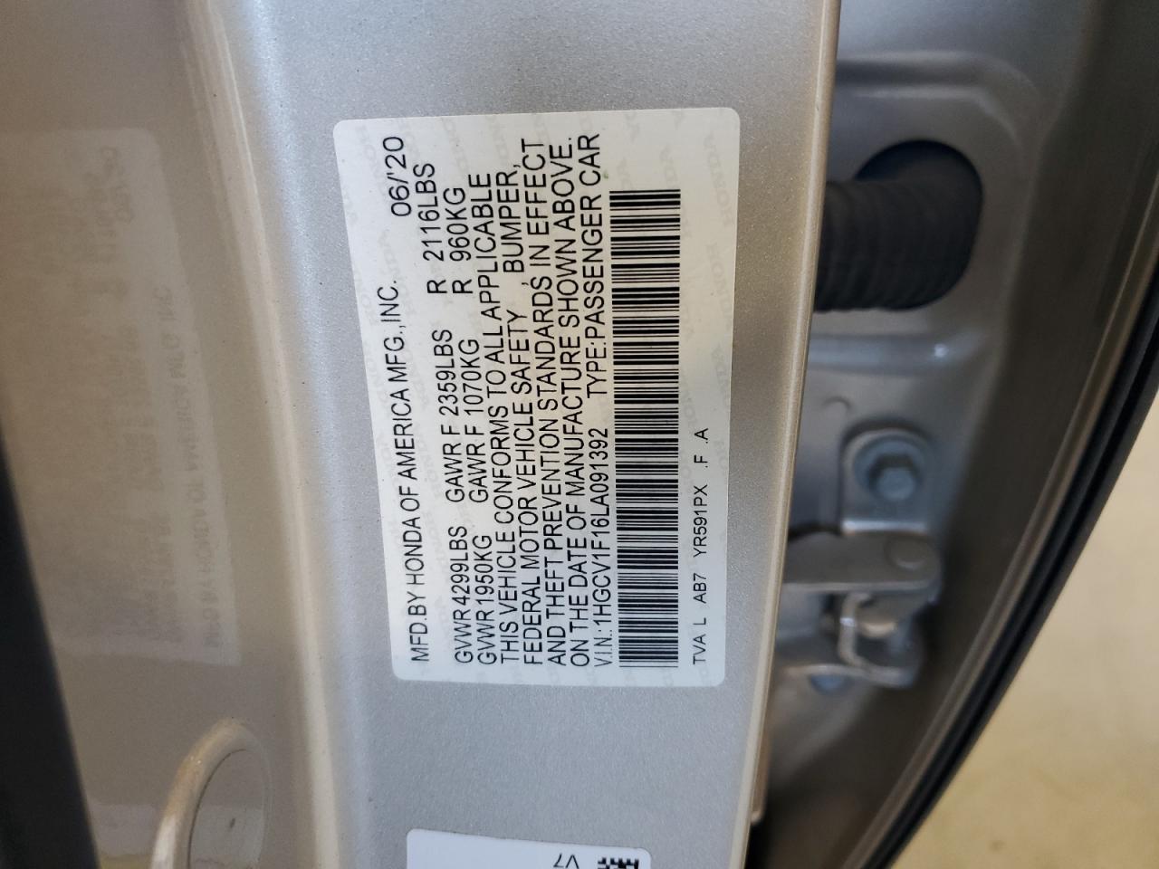 1HGCV1F16LA091392 2020 Honda Accord Lx