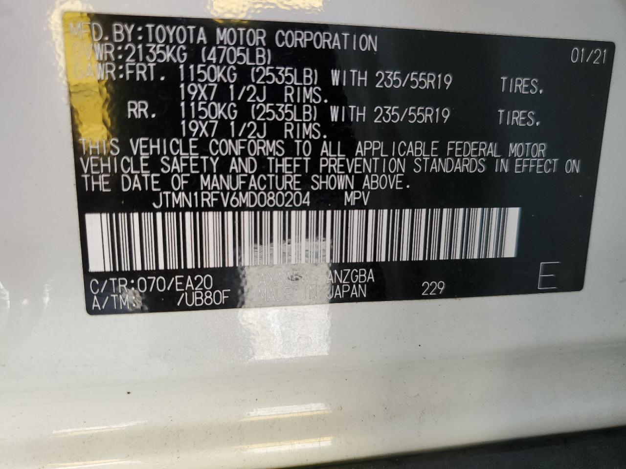 JTMN1RFV6MD080204 2021 Toyota Rav4 Limited