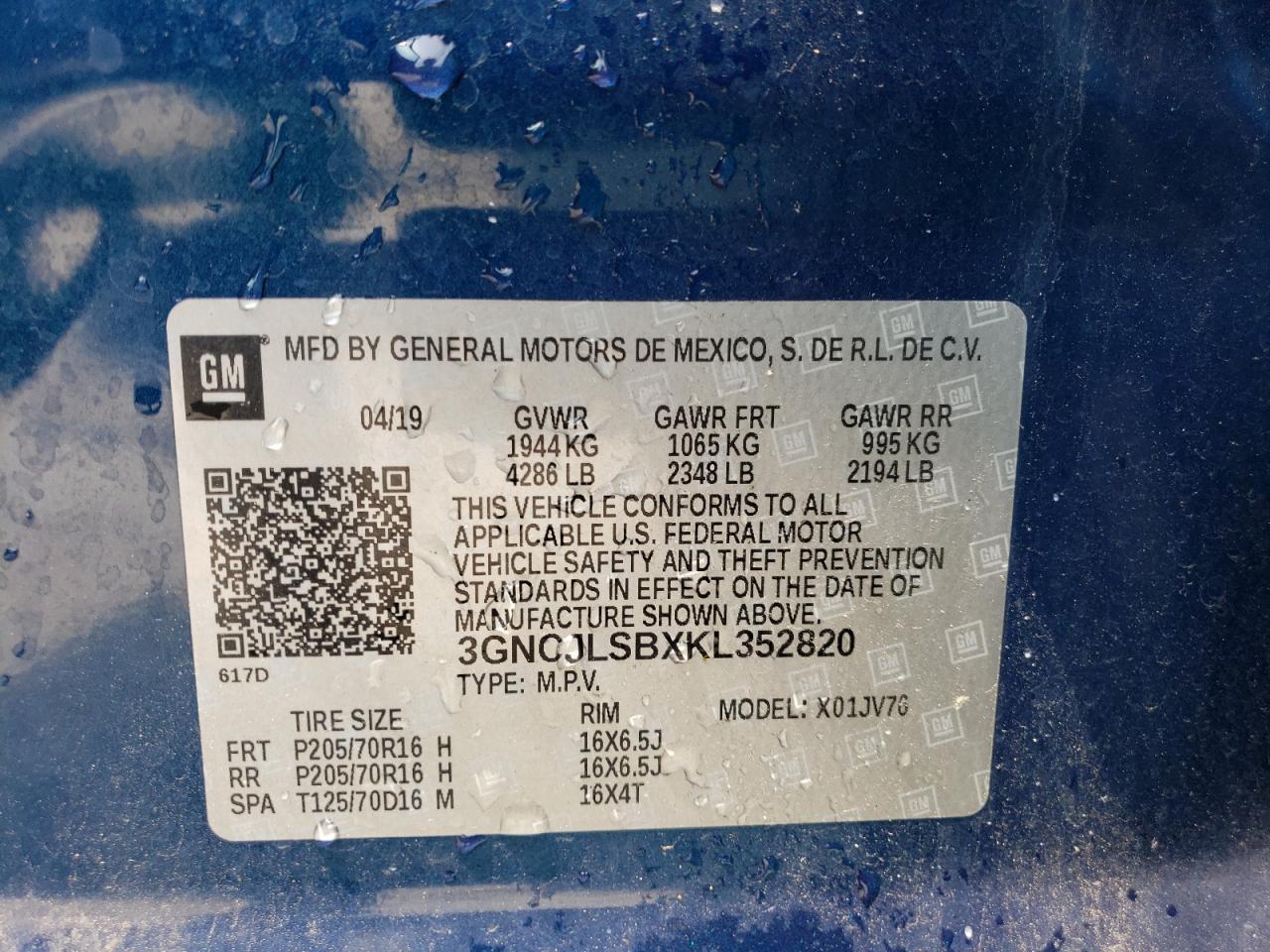 2019 Chevrolet Trax 1Lt VIN: 3GNCJLSBXKL352820 Lot: 65425034