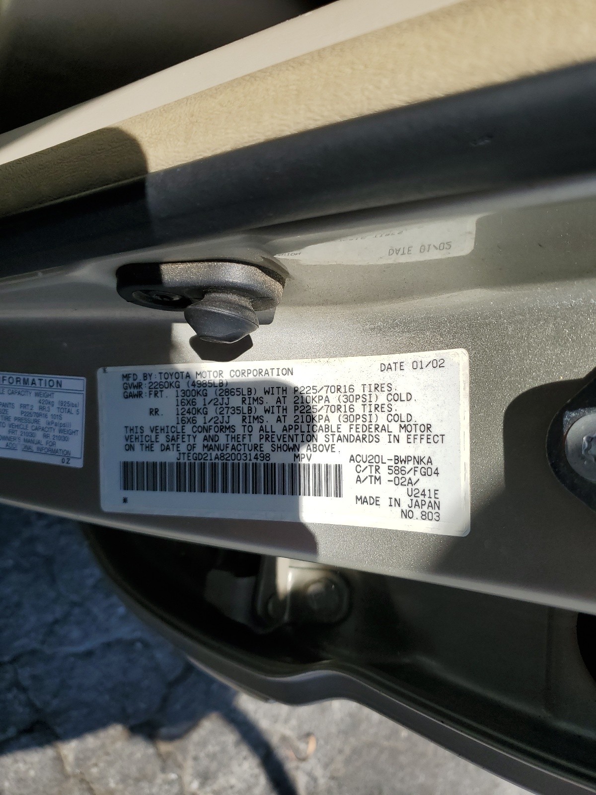 JTEGD21A820031498 2002 Toyota Highlander