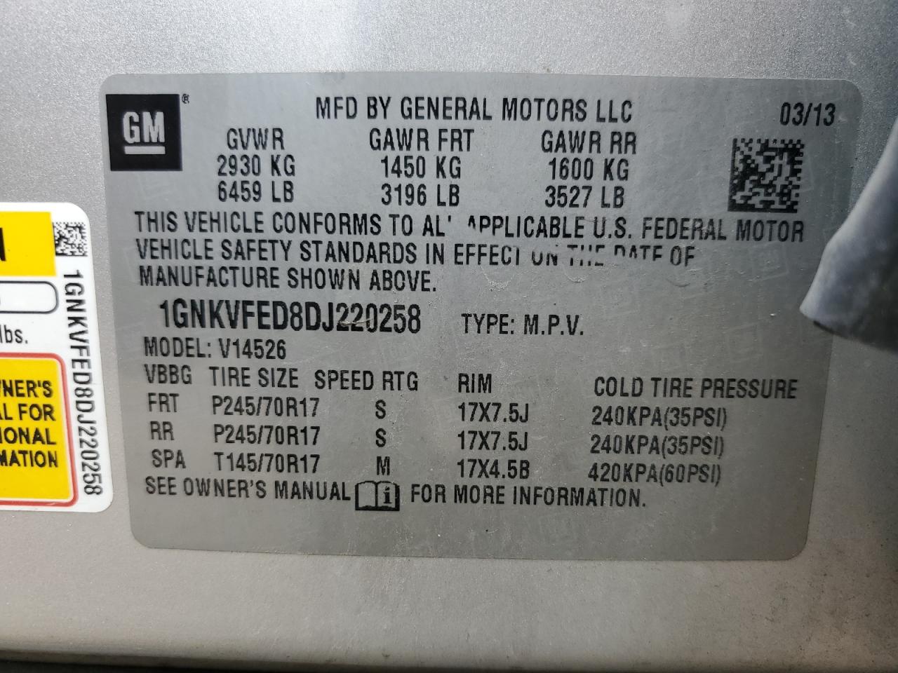 1GNKVFED8DJ220258 2013 Chevrolet Traverse Ls