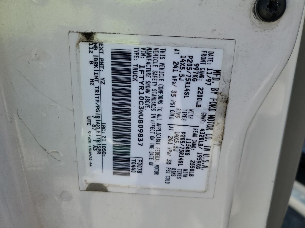 1FTYR10C3WUB09837 1998 Ford Ranger