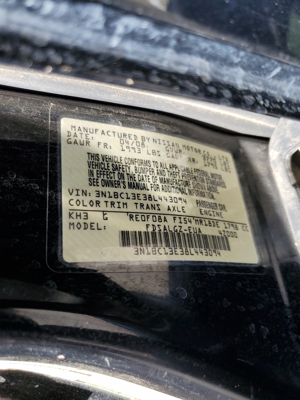3N1BC13E38L443094 2008 Nissan Versa S