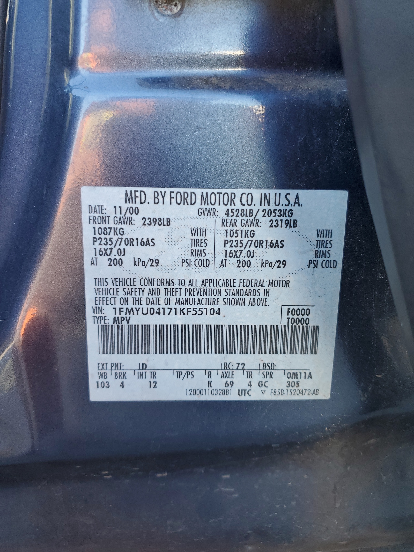 1FMYU04171KF55104 2001 Ford Escape Xlt