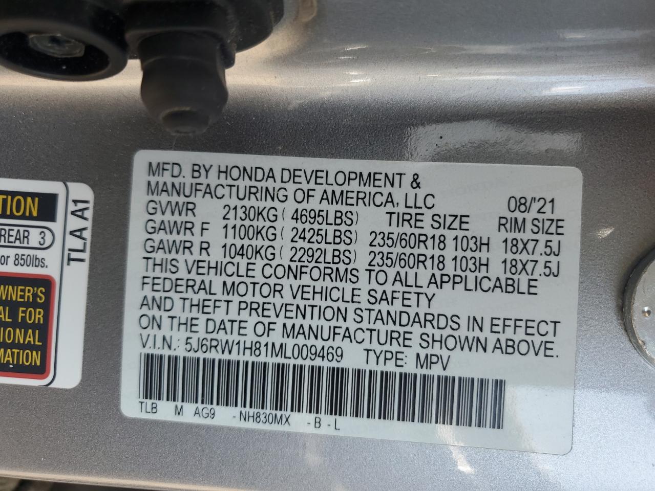 2021 Honda Cr-V Exl VIN: 5J6RW1H81ML009469 Lot: 65745614