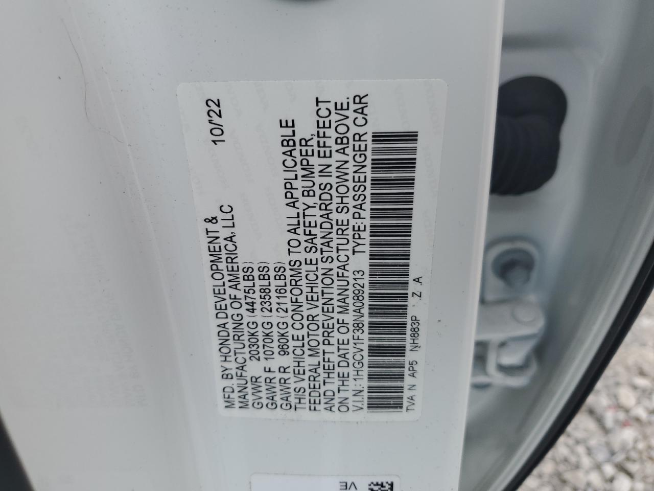 2022 Honda Accord Sport VIN: 1HGCV1F38NA089213 Lot: 65799224