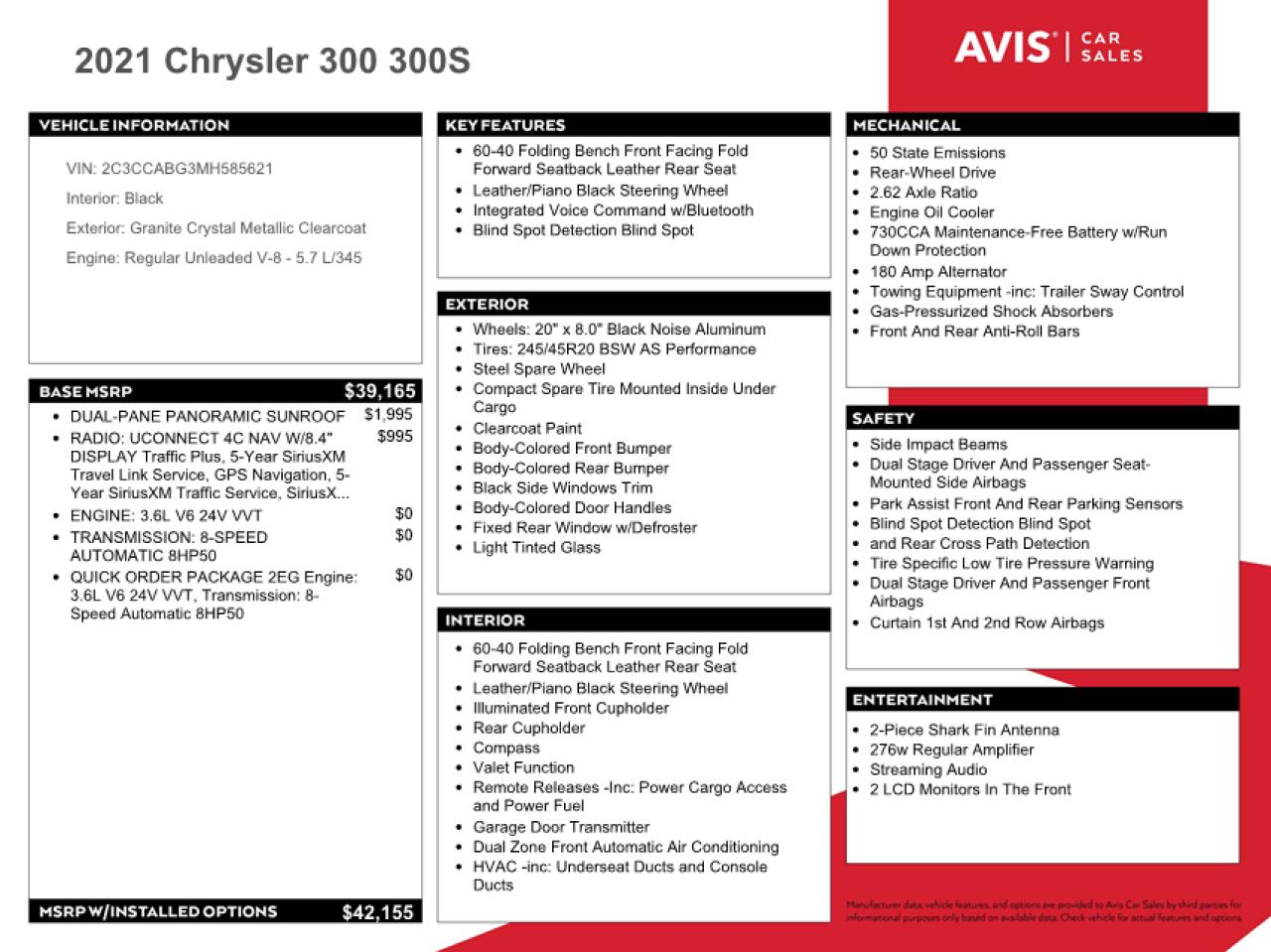 2021 Chrysler 300 S VIN: 2C3CCABG3MH585621 Lot: 66408044