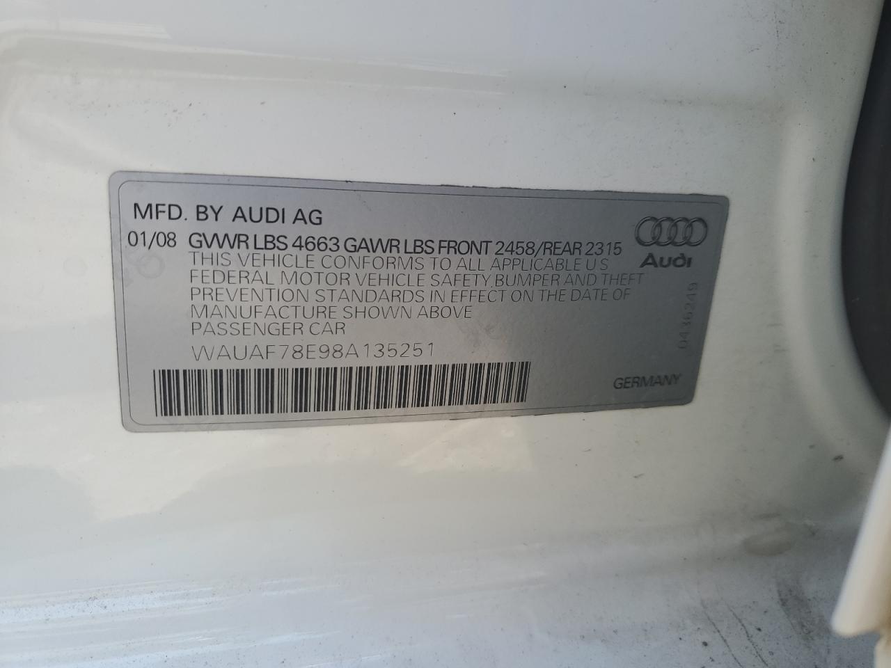 WAUAF78E98A135251 2008 Audi A4 2.0T