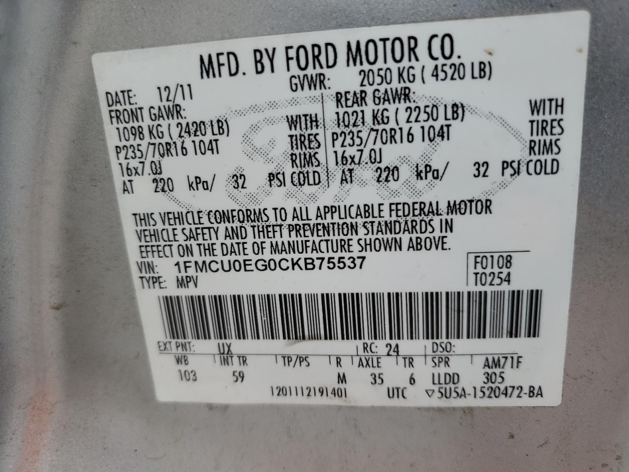 1FMCU0EG0CKB75537 2012 Ford Escape Limited