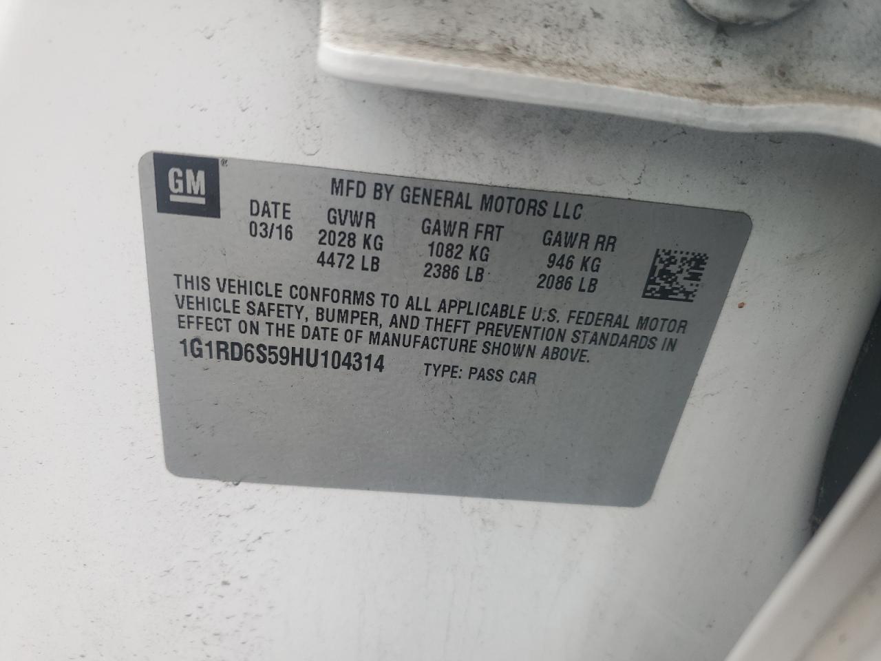 2017 Chevrolet Volt Premier VIN: 1G1RD6S59HU104314 Lot: 66244264