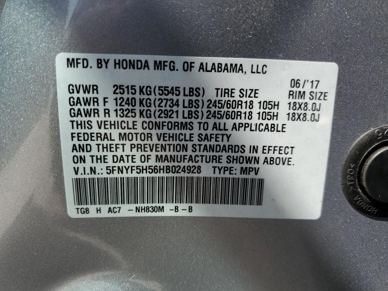 5FNYF5H56HB024928 2017 Honda Pilot Exl