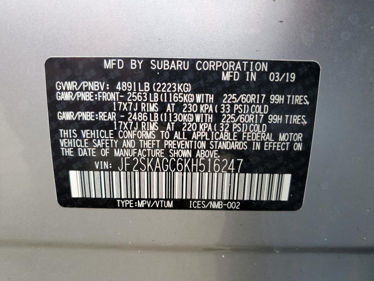 JF2SKAGC6KH516247 2019 Subaru Forester Premium