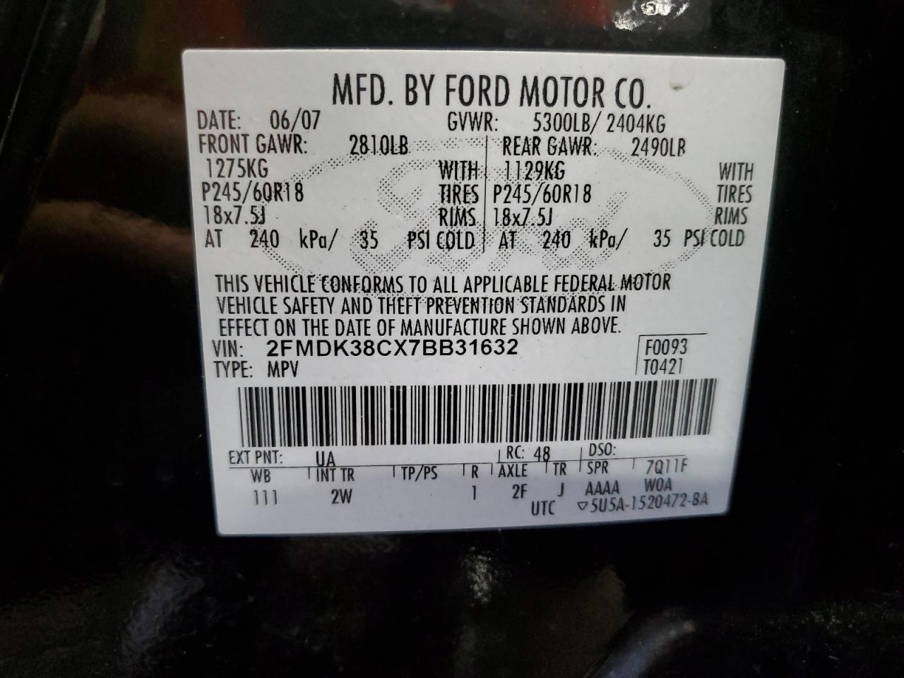 2FMDK38CX7BB31632 2007 Ford Edge Sel