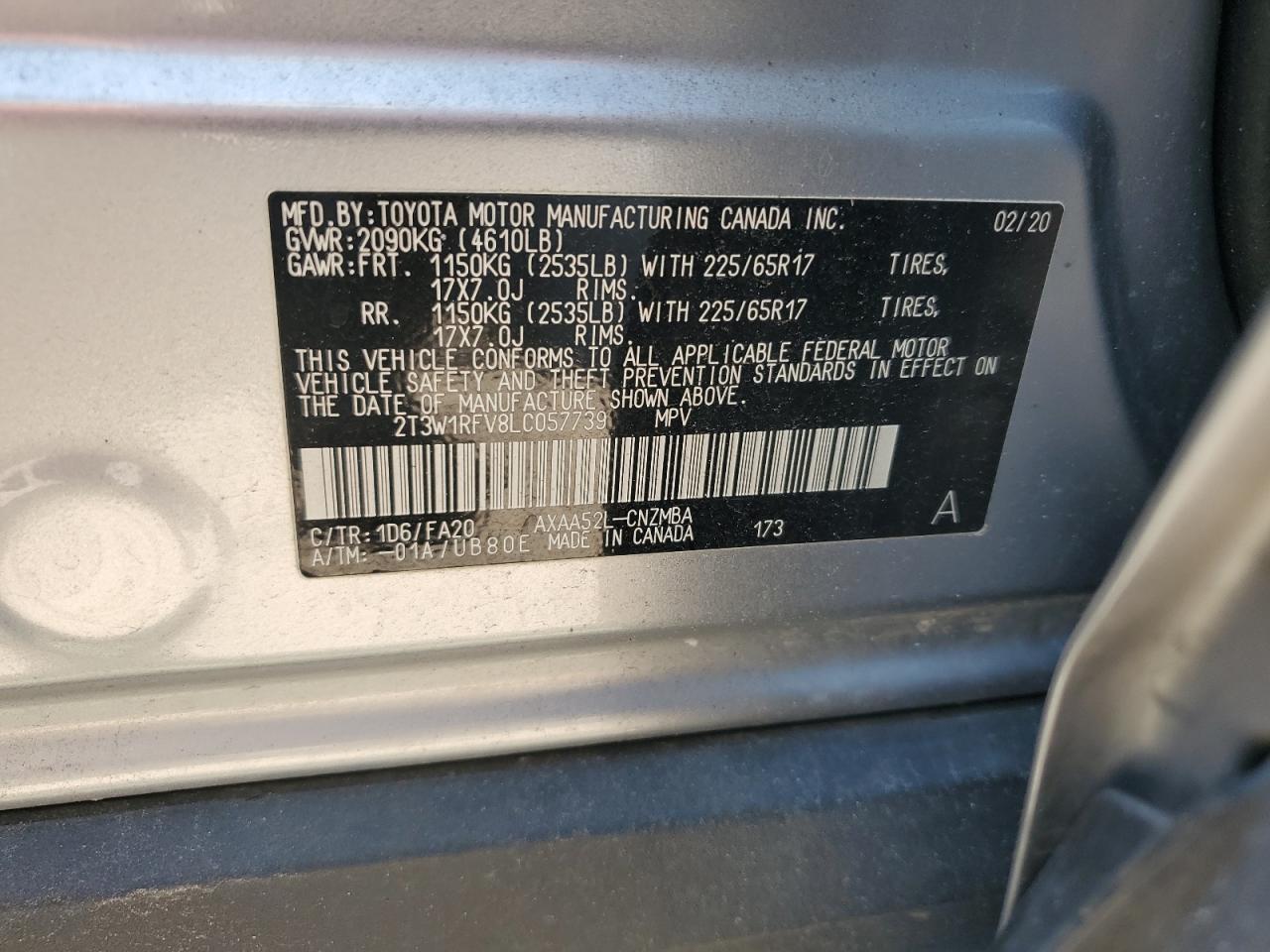 2020 Toyota Rav4 Xle VIN: 2T3W1RFV8LC057739 Lot: 66138054