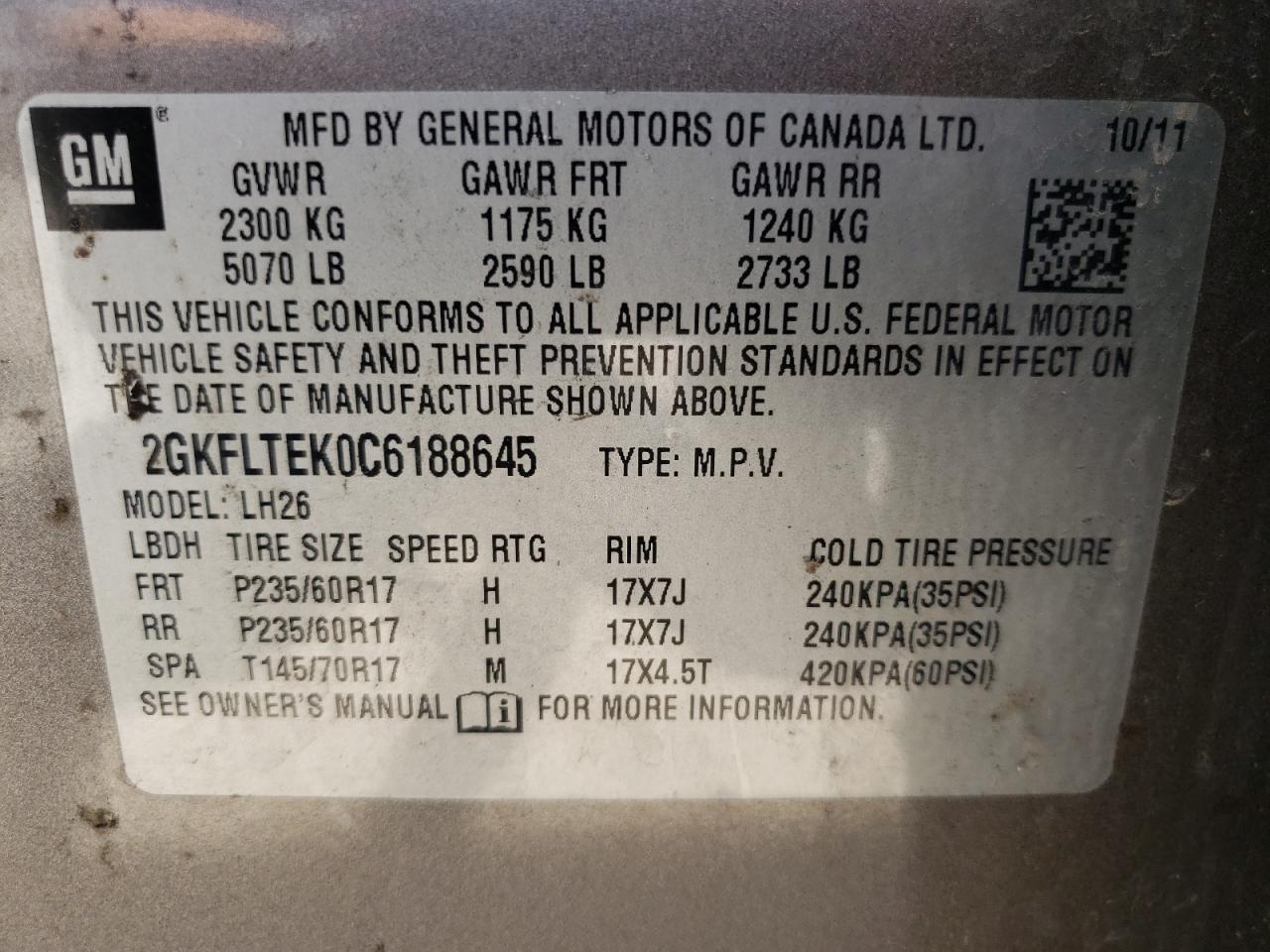 2012 GMC Terrain Sle VIN: 2GKFLTEK0C6188645 Lot: 67292394