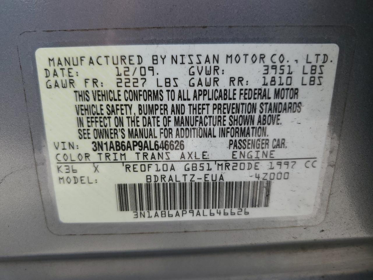 2010 Nissan Sentra 2.0 VIN: 3N1AB6AP9AL646626 Lot: 66605144