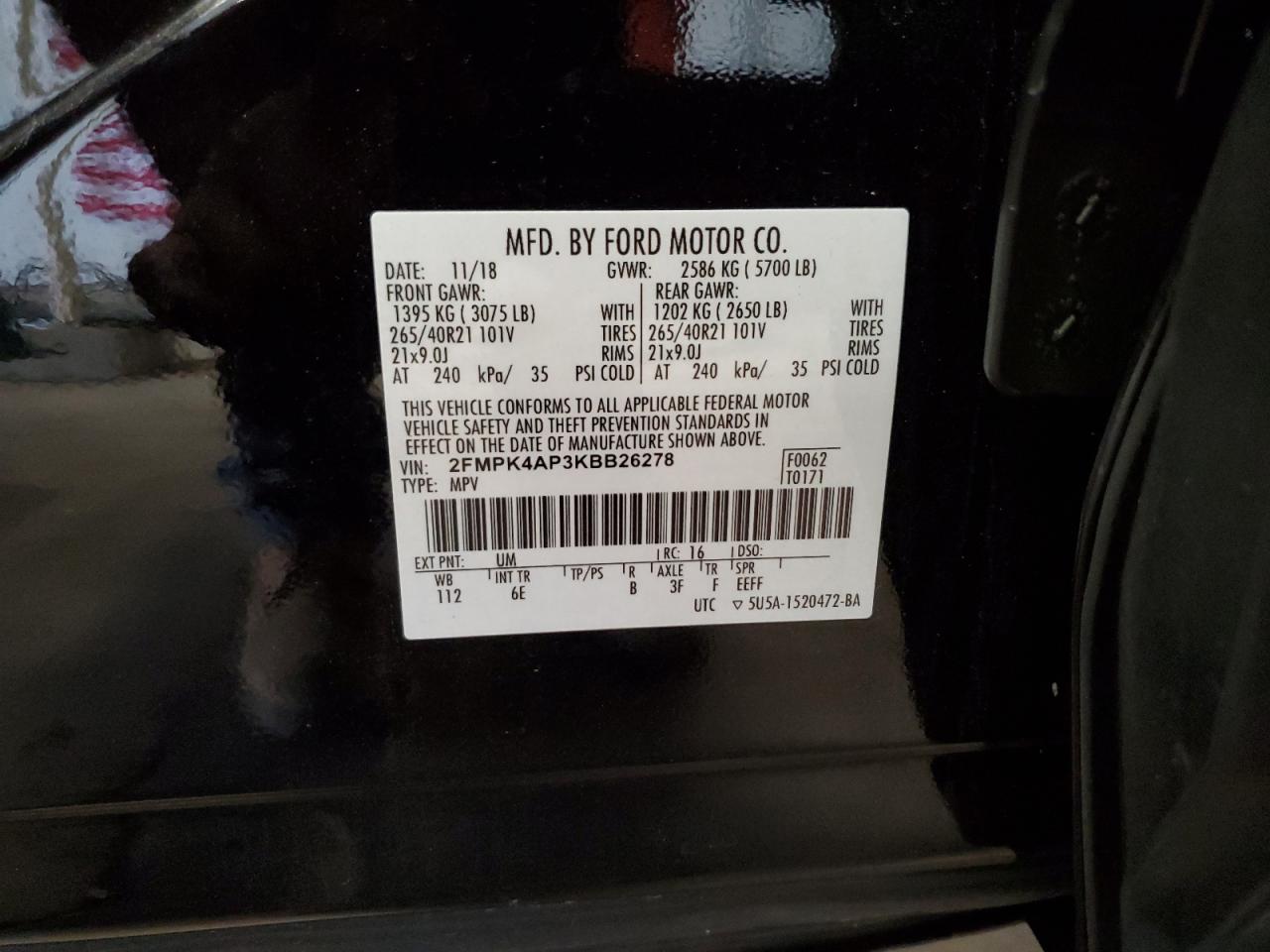 2019 Ford Edge St VIN: 2FMPK4AP3KBB26278 Lot: 67552904