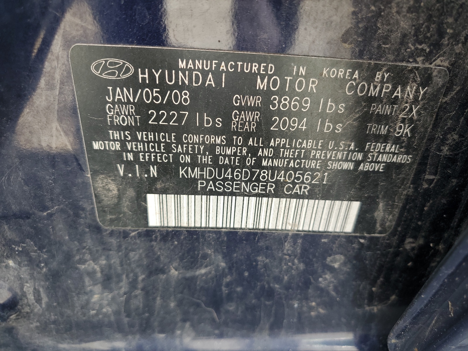 KMHDU46D78U405621 2008 Hyundai Elantra Gls