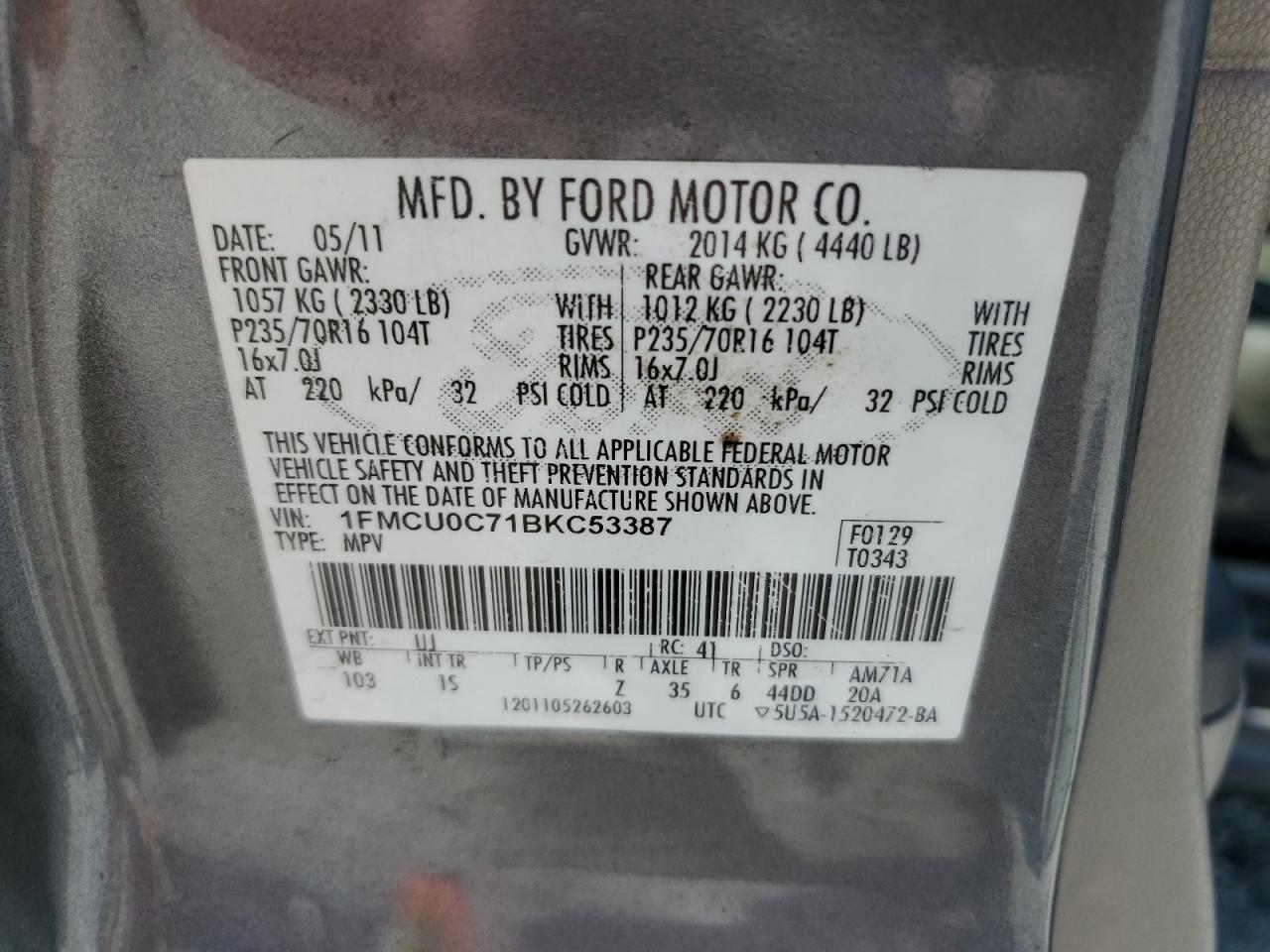 1FMCU0C71BKC53387 2011 Ford Escape Xls