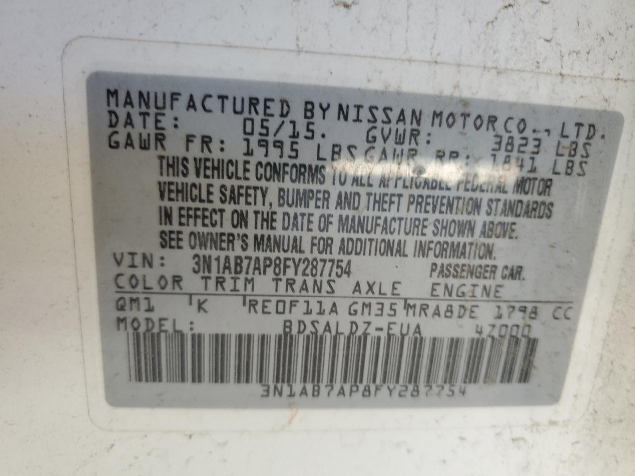 3N1AB7AP8FY287754 2015 Nissan Sentra S