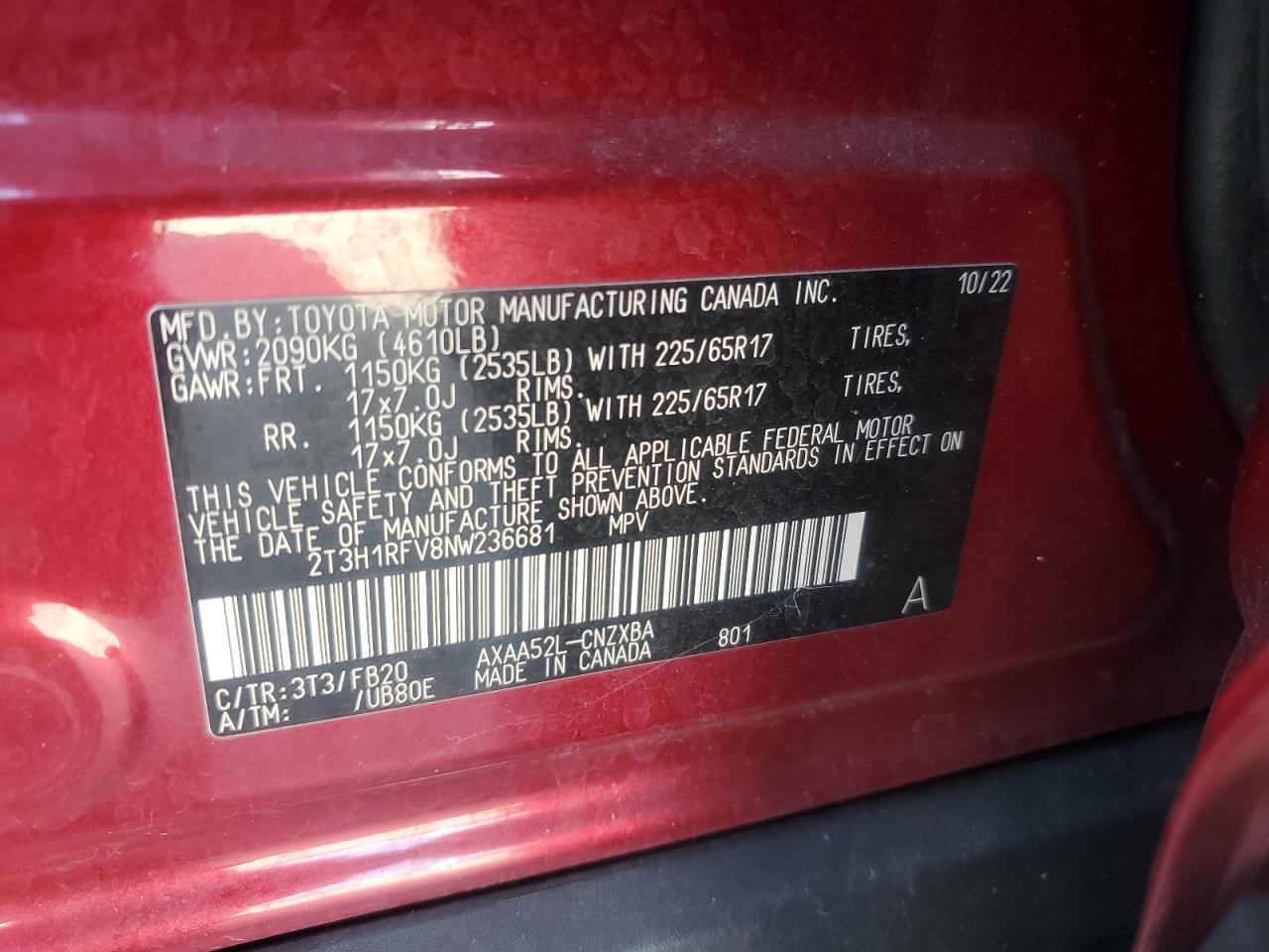 2T3H1RFV8NW236681 2022 Toyota Rav4 Le