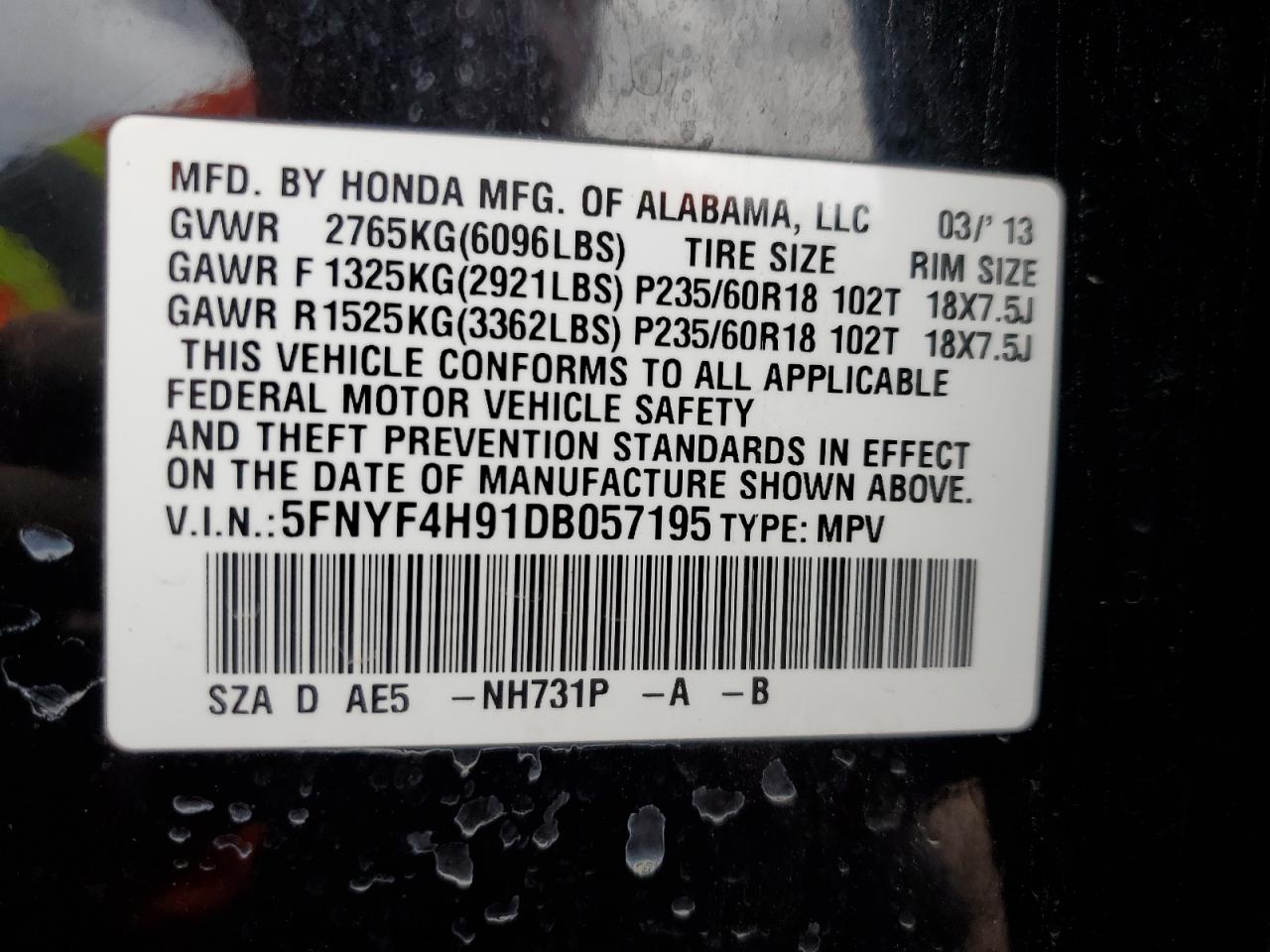 2013 Honda Pilot Touring VIN: 5FNYF4H91DB057195 Lot: 67954894