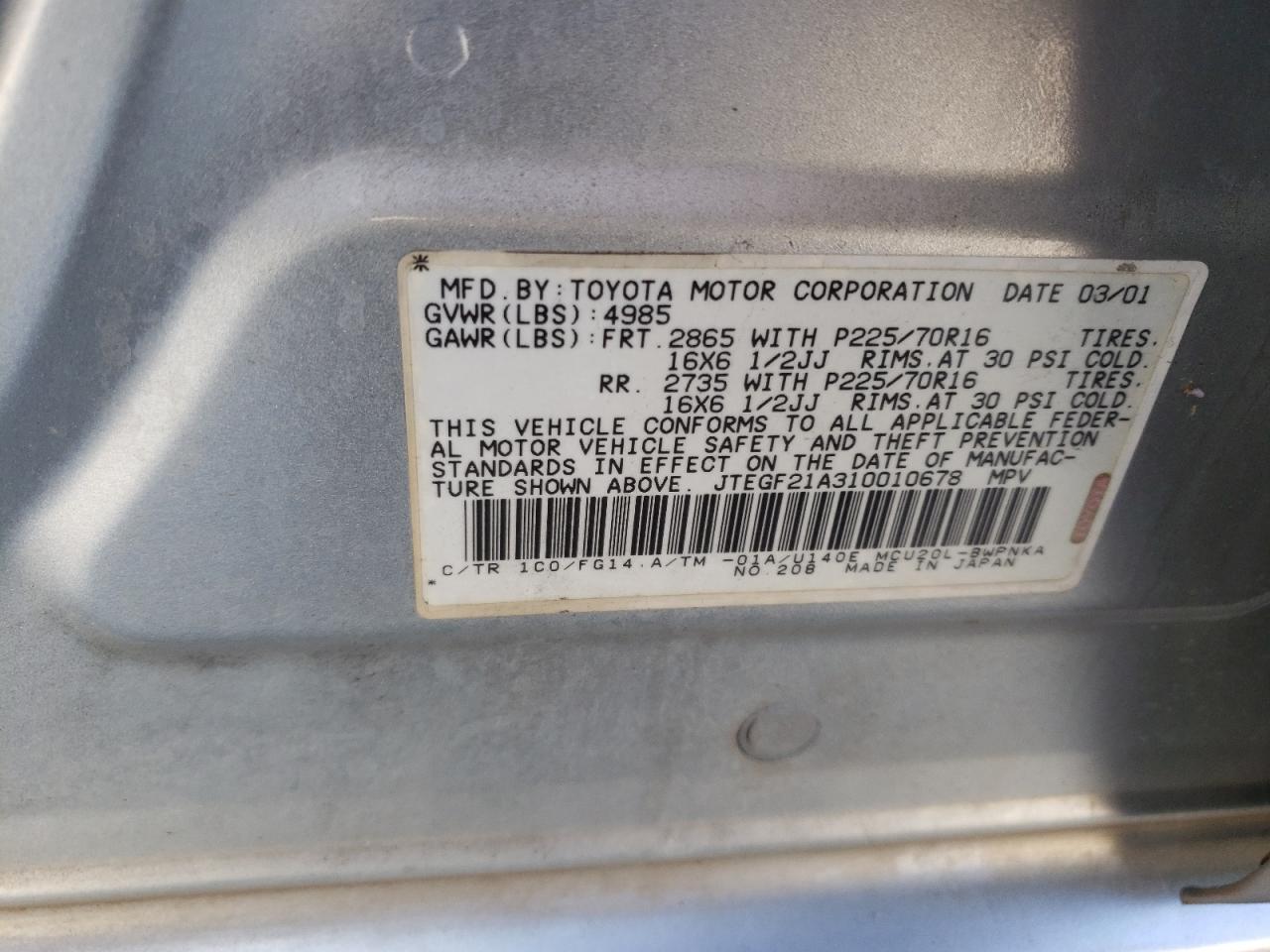 2001 Toyota Highlander VIN: JTEGF21A310010678 Lot: 67311914