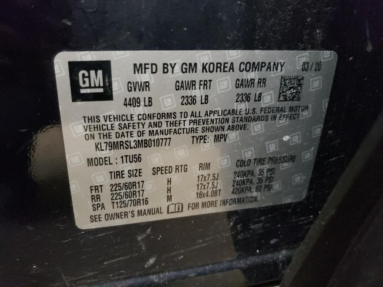 2021 Chevrolet Trailblazer Lt VIN: KL79MRSL3MB010777 Lot: 66382564