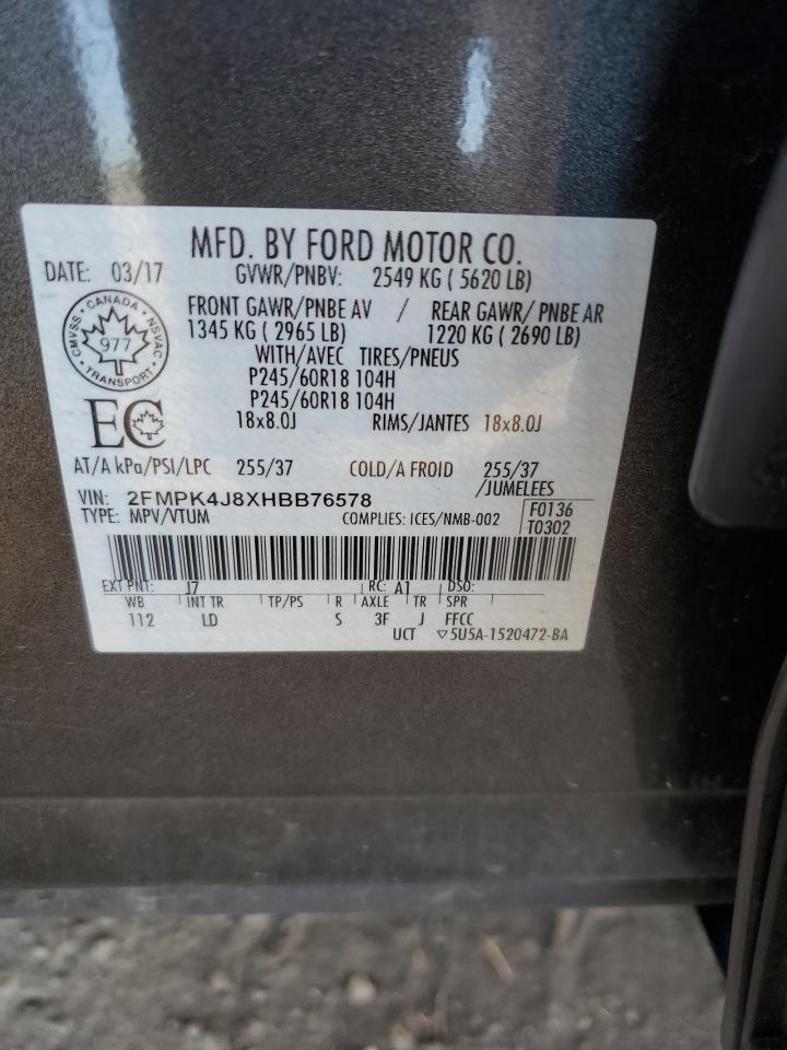 2017 Ford Edge Sel VIN: 2FMPK4J8XHBB76578 Lot: 66554104