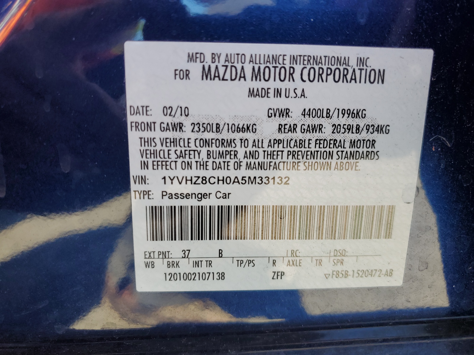 1YVHZ8CH0A5M33132 2010 Mazda 6 I