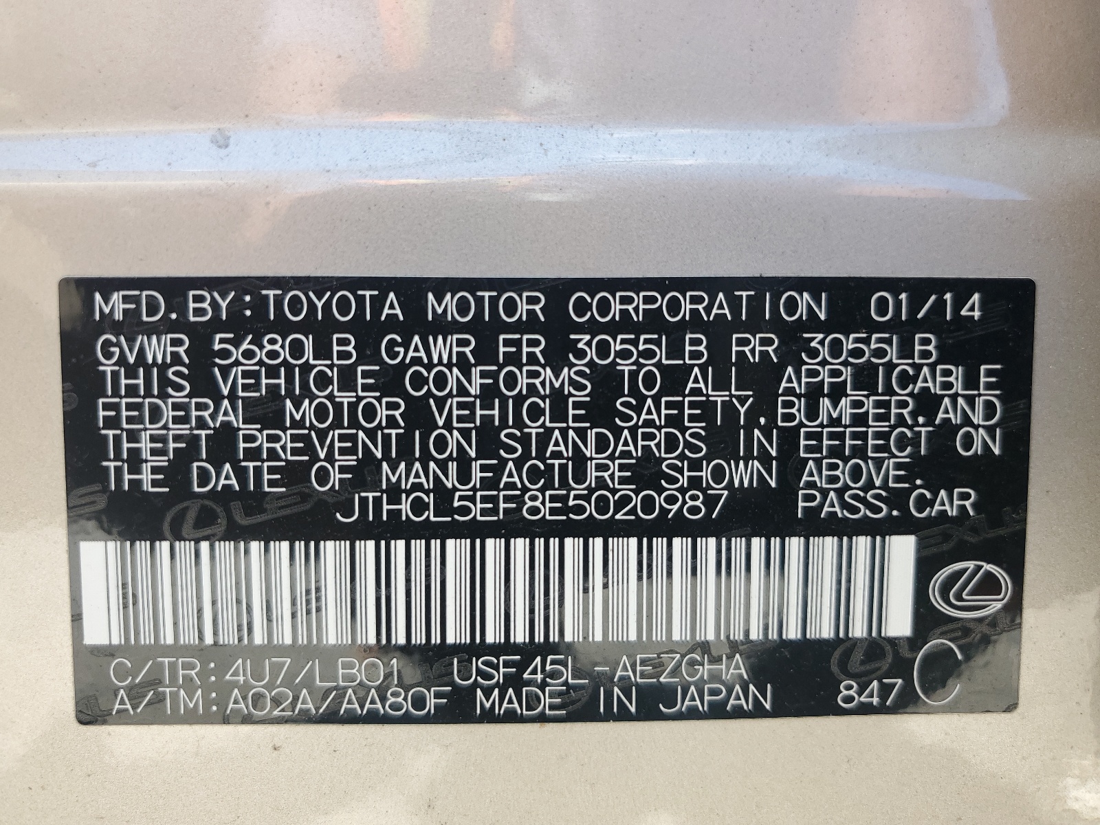 JTHCL5EF8E5020987 2014 Lexus Ls 460