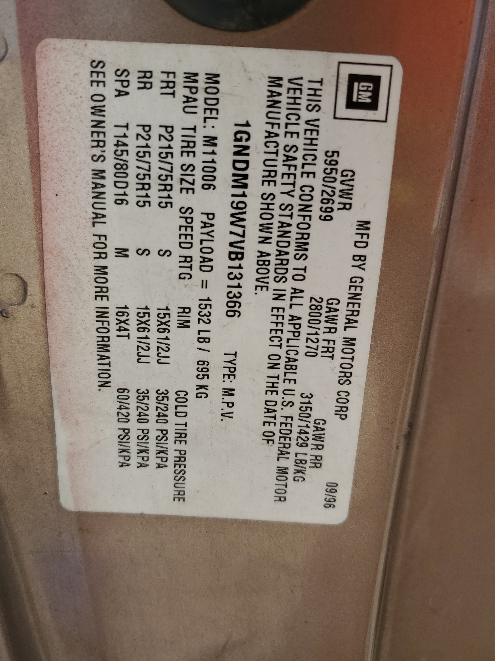 1GNDM19W7VB131366 1997 Chevrolet Astro