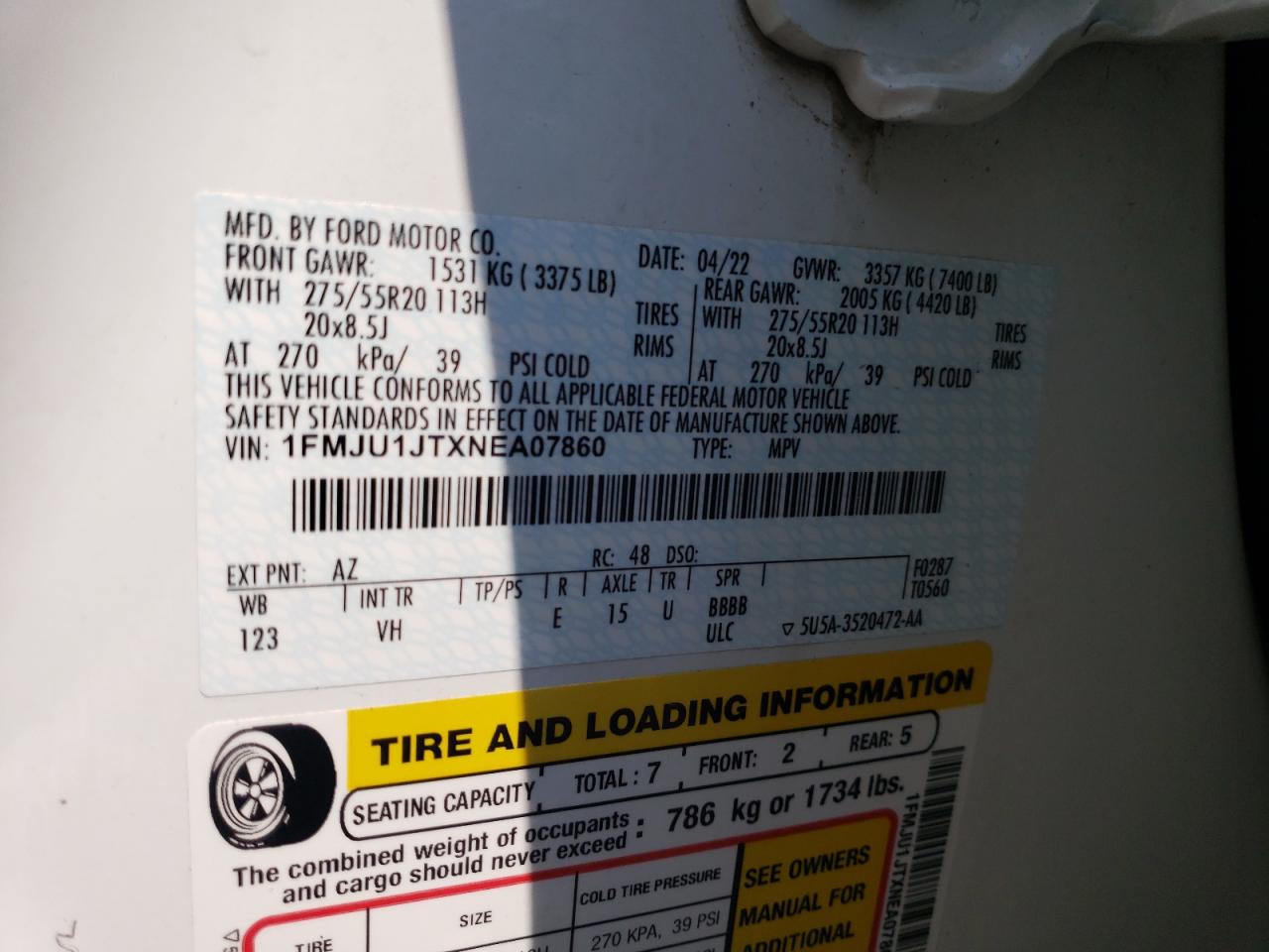 2022 Ford Expedition Xlt VIN: 1FMJU1JTXNEA07860 Lot: 67553954