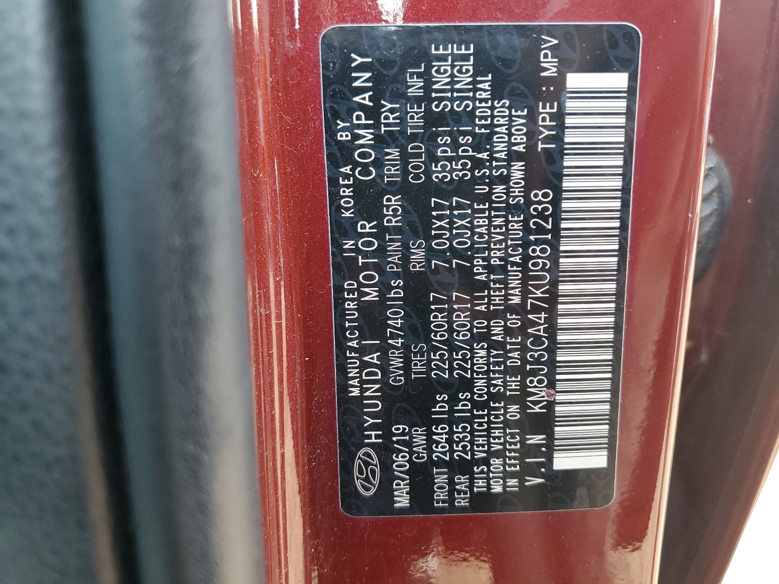 KM8J3CA47KU981238 2019 Hyundai Tucson Limited