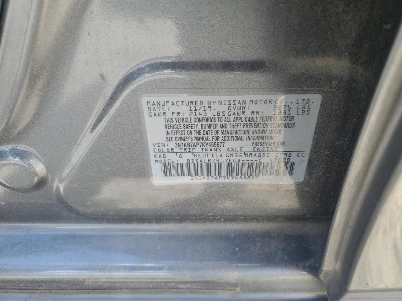 3N1AB7AP7KY455877 2019 Nissan Sentra S