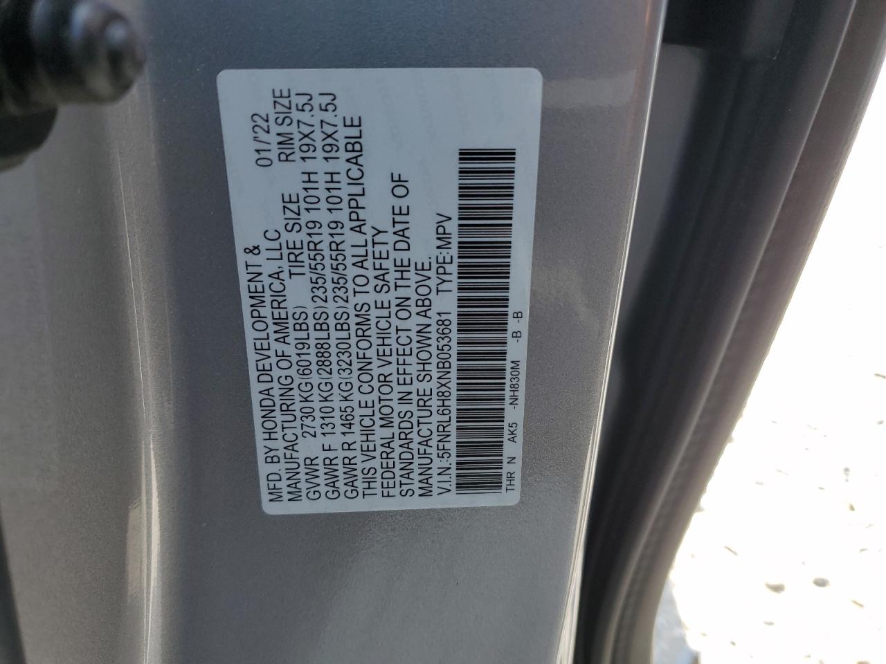 5FNRL6H8XNB053681 2022 Honda Odyssey Touring