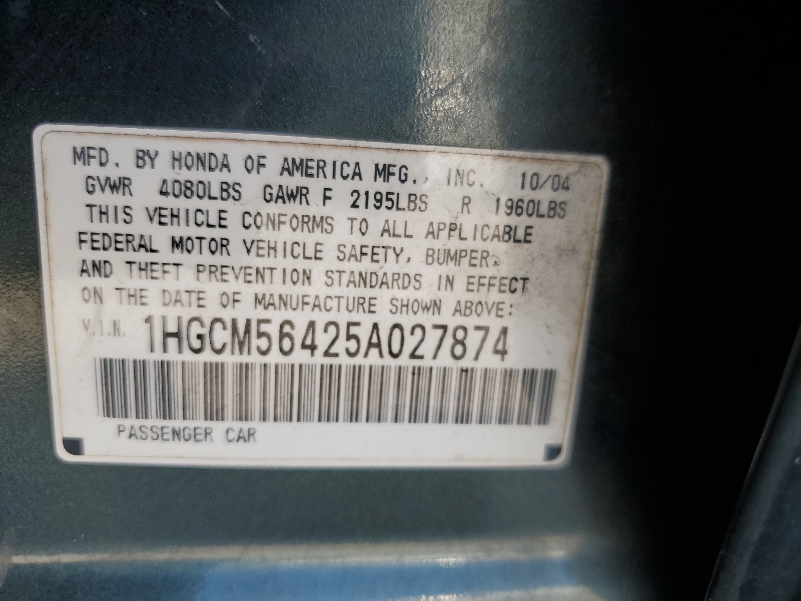 1HGCM56425A027874 2005 Honda Accord Lx