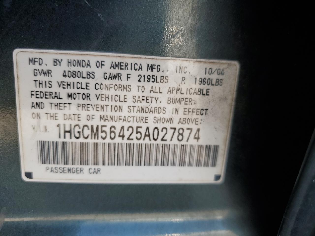 2005 Honda Accord Lx VIN: 1HGCM56425A027874 Lot: 67824124